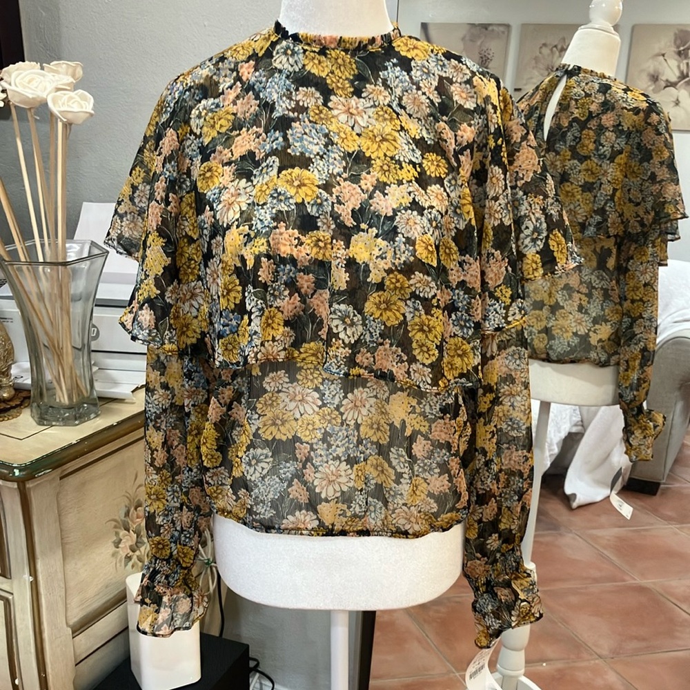 Zara Yellow and Black Ruffled Blouse